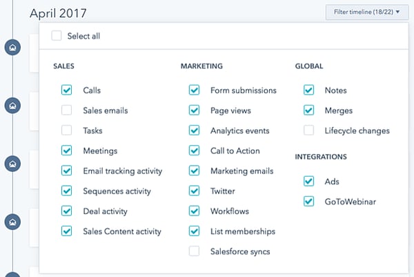 fHubSpot CRM Filter timeline